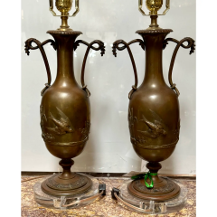 Pair of Antique Art Nouveau Bronze Lamps on Lucite Bases - 4014052