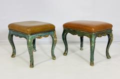 Pair of Antique Benches With leather Upholstery Giltwood Frames France 1900s - 4128726
