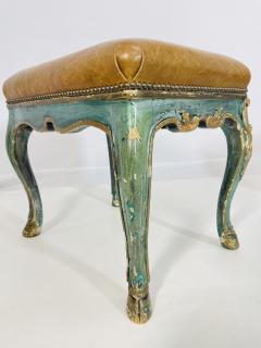 Pair of Antique Benches With leather Upholstery Giltwood Frames France 1900s - 4128730