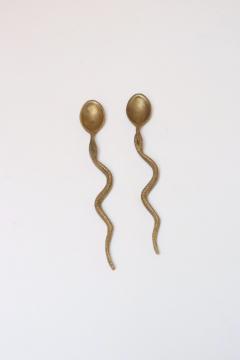 Pair of Antique Brass Snake Form Serpentine Demitasse Spoons - 4308354