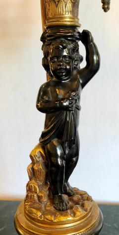 Pair of Antique Bronze Cherub Candelabras on Marble Vases with Custom Shades - 2998255