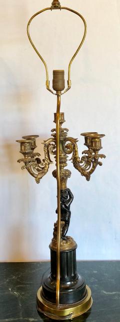 Pair of Antique Bronze Cherub Candelabras on Marble Vases with Custom Shades - 2998257