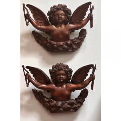 Pair of Antique Carved Mahogany Treen Angel Sculptures - 3707982