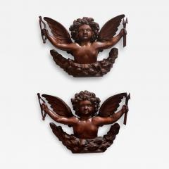 Pair of Antique Carved Mahogany Treen Angel Sculptures - 3709493