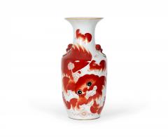 Pair of Antique Chinese Beige and Orange Foo Dog Patterned Porcelain Vases - 4199696