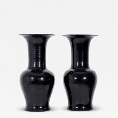 Pair of Antique Chinese Black Glazed Phoenix Tail Form Porcelain Vases - 4260648