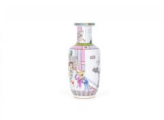 Pair of Antique Chinese Court Genre Scene Design Porcelain Rouleau Form Vases - 4650591