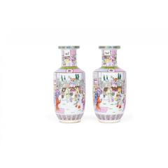 Pair of Antique Chinese Court Genre Scene Design Porcelain Rouleau Form Vases - 4650990