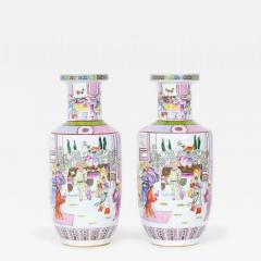 Pair of Antique Chinese Court Genre Scene Design Porcelain Rouleau Form Vases - 4650998