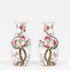 Pair of Antique Chinese Urn Shaped Flowering Fruit Tree Design Porcelain Vases - 4260669