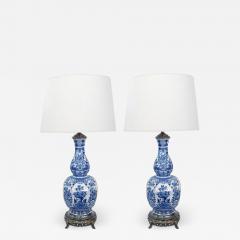 Pair of Antique Dutch Delftware Blue White Double baluster Lamps - 1617923