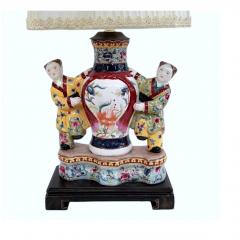 Pair of Antique Famille Rose Chinese Pottery Figural Designer Table Lamps - 4690234