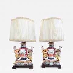 Pair of Antique Famille Rose Chinese Pottery Figural Designer Table Lamps - 4690395