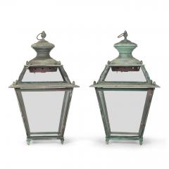 Pair of Antique French Glass Paneled Copper Lanterns - 4009136