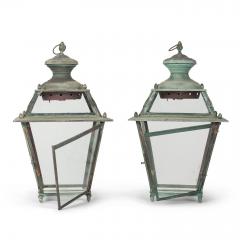 Pair of Antique French Glass Paneled Copper Lanterns - 4009139