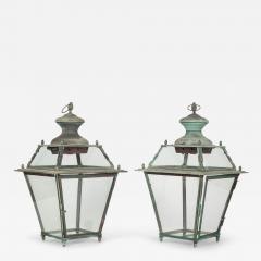 Pair of Antique French Glass Paneled Copper Lanterns - 4010461