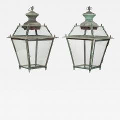 Pair of Antique French Glass Paneled Copper Lanterns - 4010465