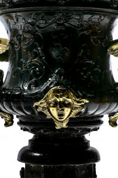 Pair of Antique French Rococo Style Black Iron Urns Adorned with Brass Figures - 4794882