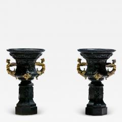 Pair of Antique French Rococo Style Black Iron Urns Adorned with Brass Figures - 4795933