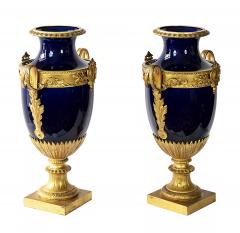 Pair of Antique French Sevres Style Porcelain Cobalt Blue and Bronze Vases - 3112216