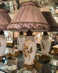 Pair of Antique French White Opaline Glass Bronze Lamps with Purple Silk Shade - 2341626