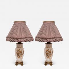 Pair of Antique French White Opaline Glass Bronze Lamps with Purple Silk Shade - 2352507