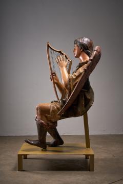 Pair of Antique Hand Painted and Polychrome Wooden Angels with Harps - 4508585