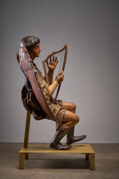 Pair of Antique Hand Painted and Polychrome Wooden Angels with Harps - 4508587