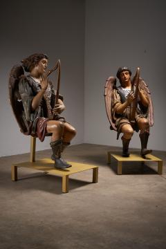 Pair of Antique Hand Painted and Polychrome Wooden Angels with Harps - 4508592