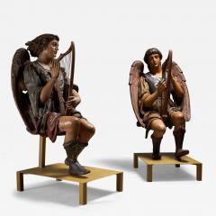 Pair of Antique Hand Painted and Polychrome Wooden Angels with Harps - 4508721