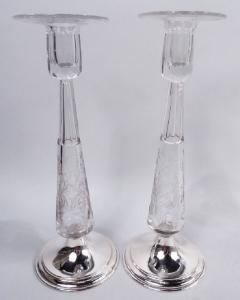 Pair of Antique Hawkes Edwardian Sterling Silver Glass Candlesticks - 3773979