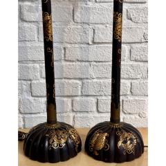 Pair of Antique Japanese Meiji Period Black Lacquer Candlestick Lamps - 3406357