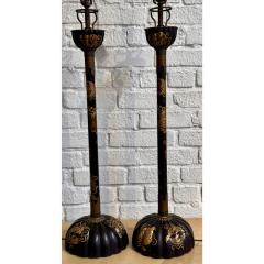 Pair of Antique Japanese Meiji Period Black Lacquer Candlestick Lamps - 3406362