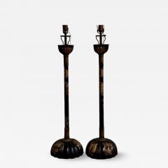 Pair of Antique Japanese Meiji Period Black Lacquer Candlestick Lamps - 3407464