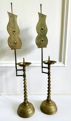 Pair of Antique Korean Brass Candlesticks with Reflector Shields - 4245063