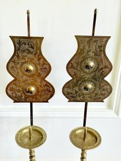 Pair of Antique Korean Brass Candlesticks with Reflector Shields - 4245067