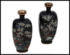 Pair of Antique Meiji Japanese Cloisonne Enamel Miniature Vases Birds - 3902433