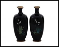 Pair of Antique Meiji Japanese Cloisonne Enamel Miniature Vases Birds - 3902434