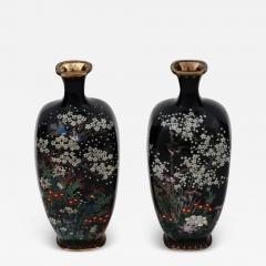 Pair of Antique Meiji Japanese Cloisonne Enamel Miniature Vases Birds - 3926413