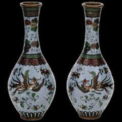 Pair of Antique Meiji Japanese Cloisonne Enamel Vases Birds of Paradise Shibata - 3902406