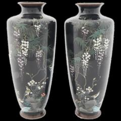 Pair of Antique Meiji Japanese Cloisonne Enamel Vases Blossoming Wisteria - 3901337