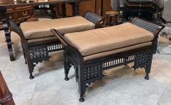 Pair of Antique Moorish Carved Hardwood and Inlaid Upholstered Benches - 3126648