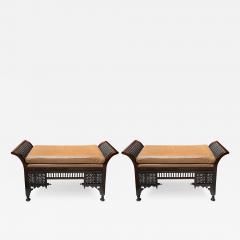 Pair of Antique Moorish Carved Hardwood and Inlaid Upholstered Benches - 3130592