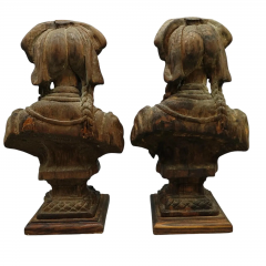 Pair of Antique Rustic European Hand Carved Wooden Busts Sculpture of Women - 4126201
