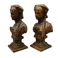 Pair of Antique Rustic European Hand Carved Wooden Busts Sculpture of Women - 4126204