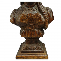 Pair of Antique Rustic European Hand Carved Wooden Busts Sculpture of Women - 4126207