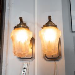 Pair of Art Deco Antique Bronze and Pressed Rose Glass Skyscraper Style Sconces - 1539780