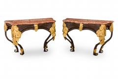 Pair of Art Deco Basket Woven Wrought and Gilt Tole Blush Marble Top Console Tab - 4626036