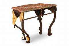 Pair of Art Deco Basket Woven Wrought and Gilt Tole Blush Marble Top Console Tab - 4626040