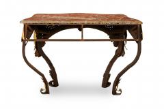 Pair of Art Deco Basket Woven Wrought and Gilt Tole Blush Marble Top Console Tab - 4626041